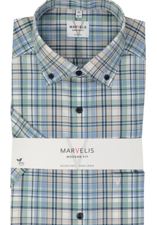 MARVELIS modern fit overhemd, korte mouw, popeline, groen geruit