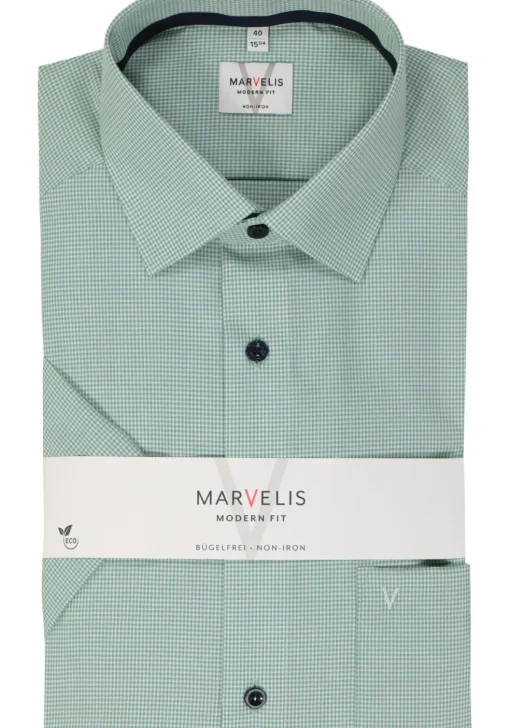 MARVELIS modern fit overhemd, korte mouw, popeline, kristalgroen geruit