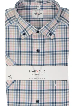 MARVELIS modern fit overhemd, korte mouw, popeline, roze geruit