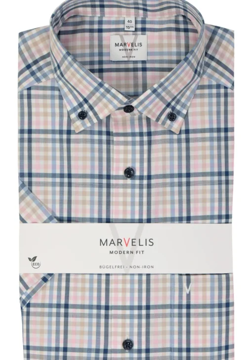 MARVELIS modern fit overhemd, korte mouw, popeline, roze geruit