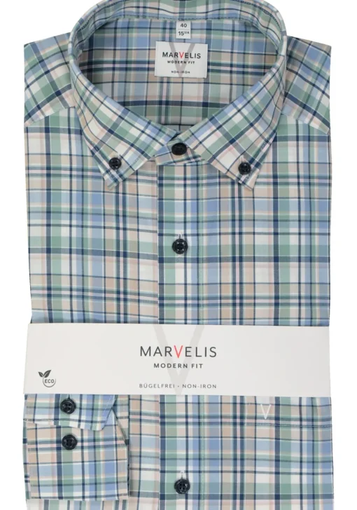 MARVELIS modern fit overhemd, popeline, groen geruit
