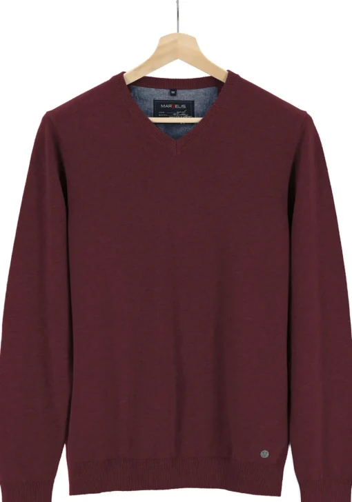 MARVELIS modern fit trui katoen, V-hals, aubergine