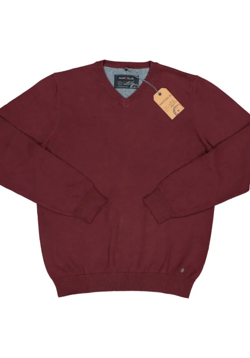 MARVELIS modern fit trui katoen, V-hals, aubergine