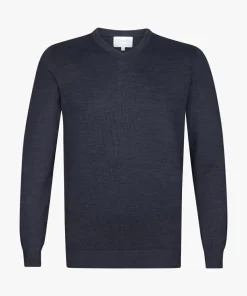Michaelis heren trui katoenmengsel, slim fit trui met V-hals, navy blauw