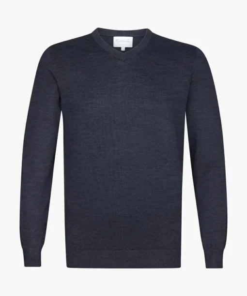 Michaelis heren trui katoenmengsel, slim fit trui met V-hals, navy blauw