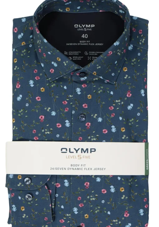 OLYMP 24/7 Level 5 body fit overhemd, tricot, rookblauw dessin