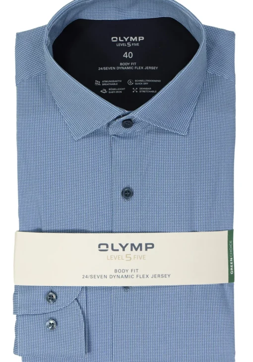 OLYMP 24/7 Level 5 body fit overhemd, tricot, blauw dessin
