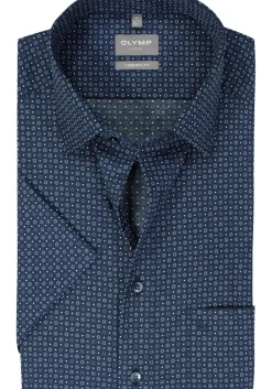 OLYMP comfort fit overhemd, korte mouw, popeline, marine blauw dessin