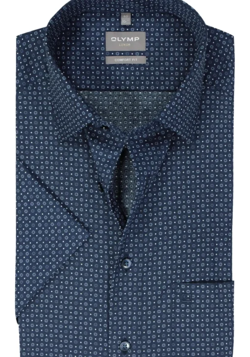 OLYMP comfort fit overhemd, korte mouw, popeline, marine blauw dessin