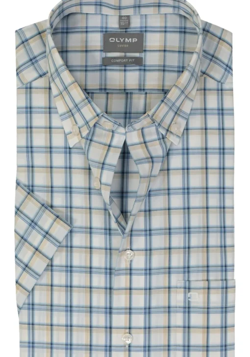 OLYMP comfort fit overhemd, korte mouw, popeline, wit met blauw en beige geruit
