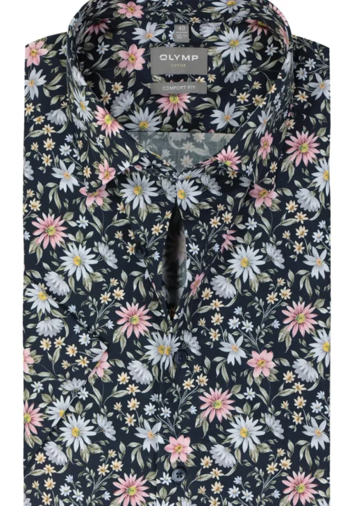 OLYMP comfort fit overhemd, korte mouw, popeline, marine blauw dessin