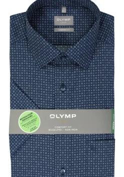 OLYMP comfort fit overhemd, korte mouw, popeline, marine blauw dessin