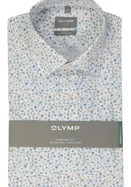 OLYMP comfort fit overhemd, korte mouw, popeline, wit bloemetjes dessin