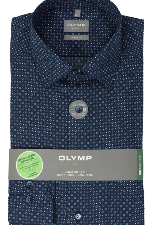 OLYMP comfort fit overhemd, mouwlengte 7, popeline, marine blauw dessin