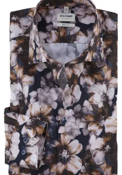 OLYMP Level 5 body fit overhemd, popeline, blauw met beige bloemen dessin