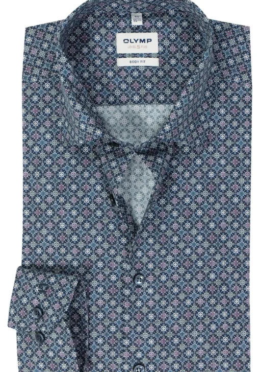 OLYMP Level 5 body fit overhemd, popeline, marine blauw dessin