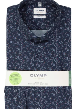 OLYMP Level 5 body fit overhemd, popeline, marine blauw dessin