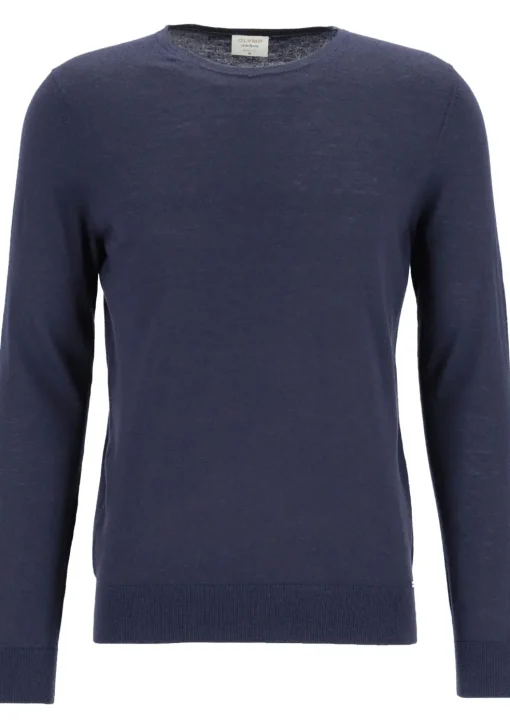 OLYMP Level 5 body fit trui wol met zijde, O-hals, marine blauw