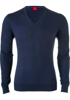 OLYMP Level 5 body fit trui wol met zijde, V-hals, marine blauw