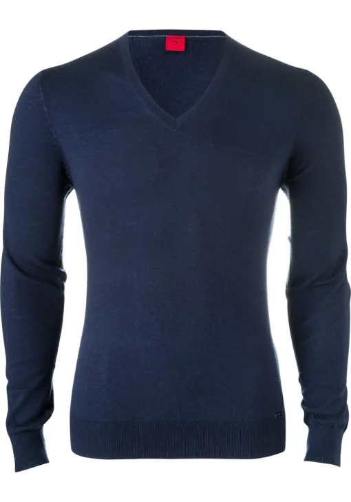 OLYMP Level 5 body fit trui wol met zijde, V-hals, marine blauw