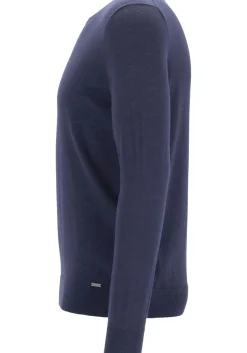 OLYMP Level 5 body fit trui wol met zijde, O-hals, marine blauw