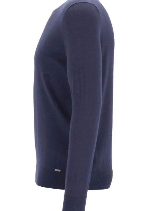 OLYMP Level 5 body fit trui wol met zijde, O-hals, marine blauw
