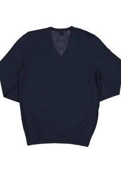 OLYMP Level 5 body fit trui wol met zijde, V-hals, marine blauw