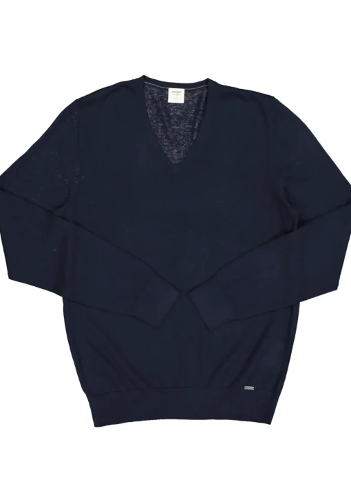 OLYMP Level 5 body fit trui wol met zijde, V-hals, marine blauw