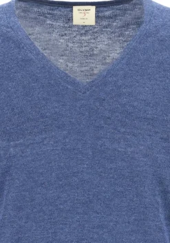 OLYMP Level 5 body fit trui wol met zijde, V-hals, royal blauw