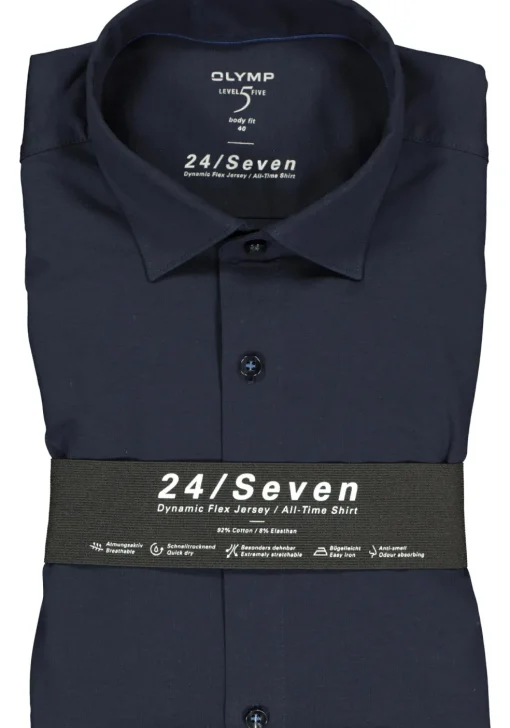 OLYMP Level 5 24/Seven body fit overhemd, mouwlengte 7, marine blauw tricot