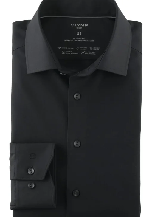 OLYMP Luxor 24/7 modern fit overhemd, popeline, zwart