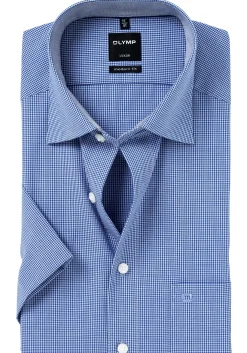 OLYMP Luxor modern fit overhemd, korte mouw, donkerblauw met wit geruit (contrast)