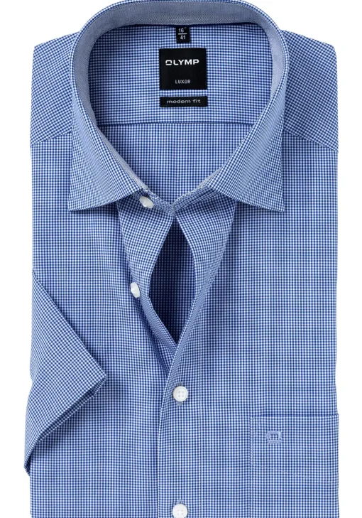 OLYMP Luxor modern fit overhemd, korte mouw, donkerblauw met wit geruit (contrast)