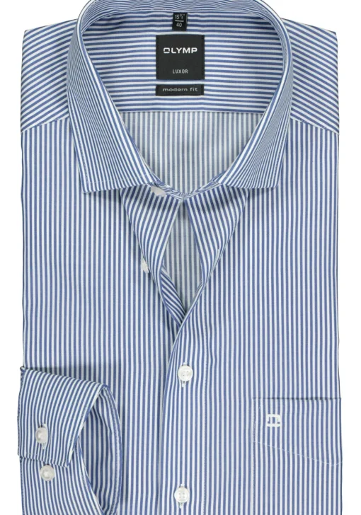 OLYMP Luxor modern fit overhemd, mouwlengte 7, twill, marine blauw met wit gestreept