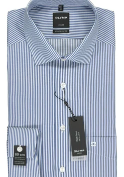 OLYMP Luxor modern fit overhemd, mouwlengte 7, twill, marine blauw met wit gestreept
