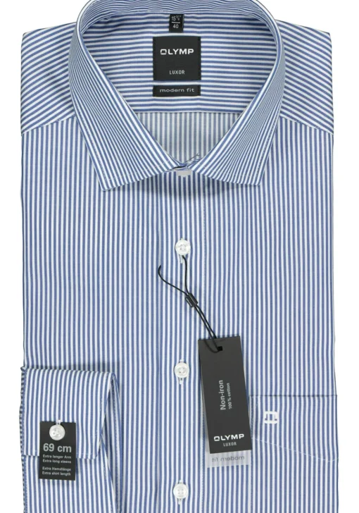 OLYMP Luxor modern fit overhemd, mouwlengte 7, twill, marine blauw met wit gestreept