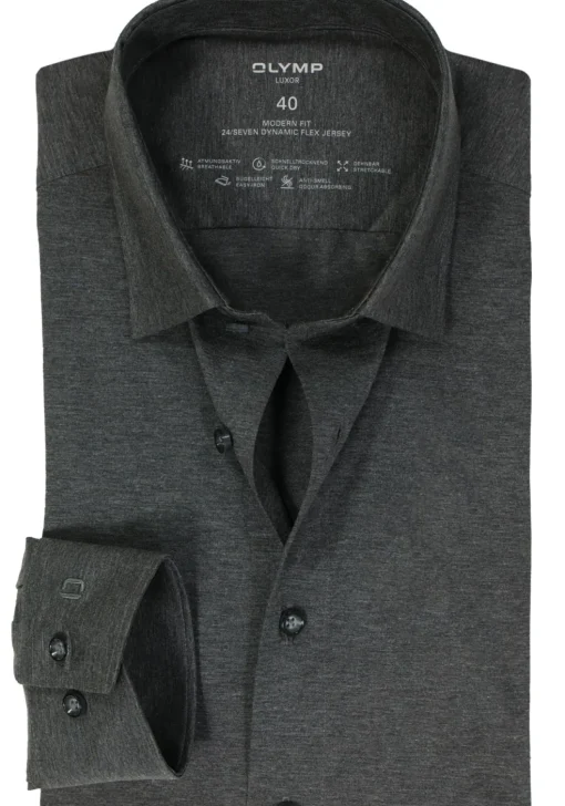 OLYMP Luxor 24/Seven modern fit overhemd, antraciet grijs tricot