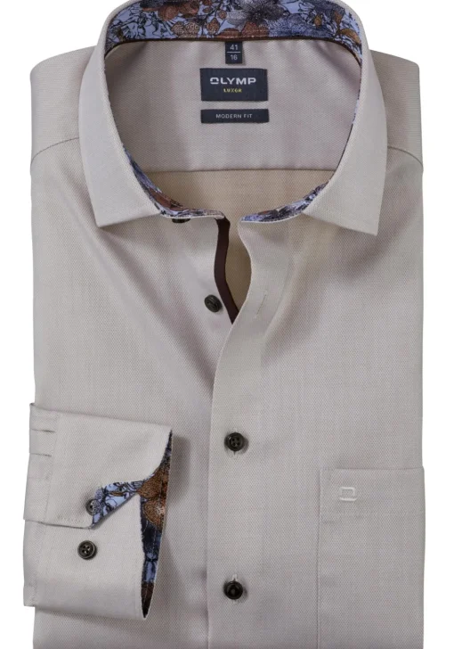 OLYMP modern fit overhemd, mouwlengte 7, structuur, beige