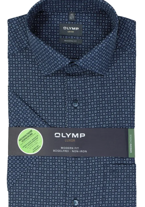 OLYMP modern fit overhemd, korte mouw, popeline, marine blauw dessin