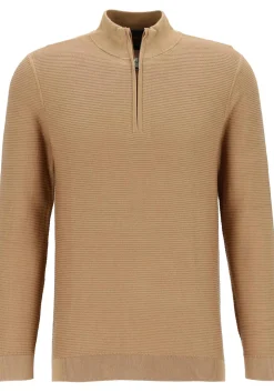 OLYMP modern fit schipperstrui katoen, structuur, korte rits, caramel