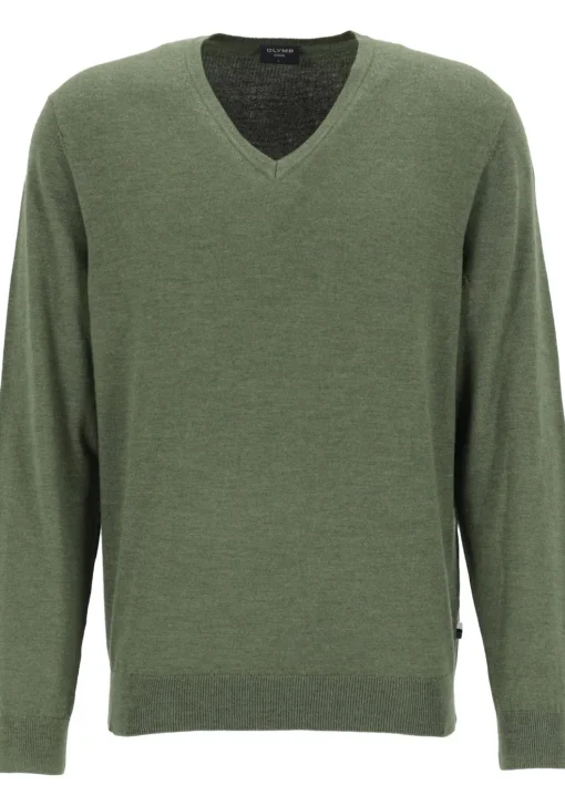 OLYMP modern fit trui wol, V-hals, olijfgroen
