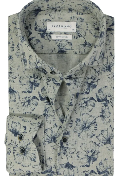 Profuomo slim fit heren overhemd, popeline, groen dessin