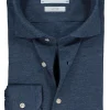 Profuomo slim fit jersey overhemd, knitted shirt pique, jeansblauw melange
