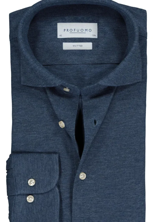 Profuomo slim fit jersey overhemd, knitted shirt pique, jeansblauw melange