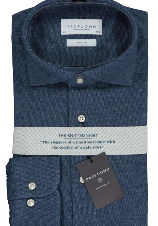 Profuomo slim fit jersey overhemd, knitted shirt pique, jeansblauw melange
