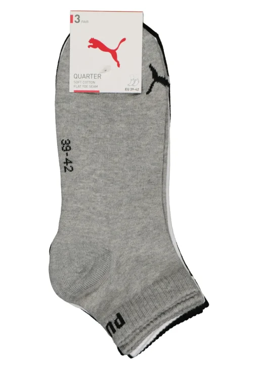 Puma Unisex Quarter Plain (3-pack), unisex hoge enkelsokken, wit, grijs en zwart