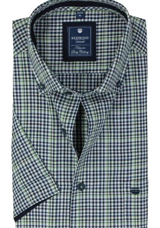 Redmond comfort fit overhemd, korte mouw, Oxford, blauw wit en groen geruit