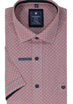 Redmond comfort fit overhemd, korte mouw, popeline, blauw met wit en rood dessin