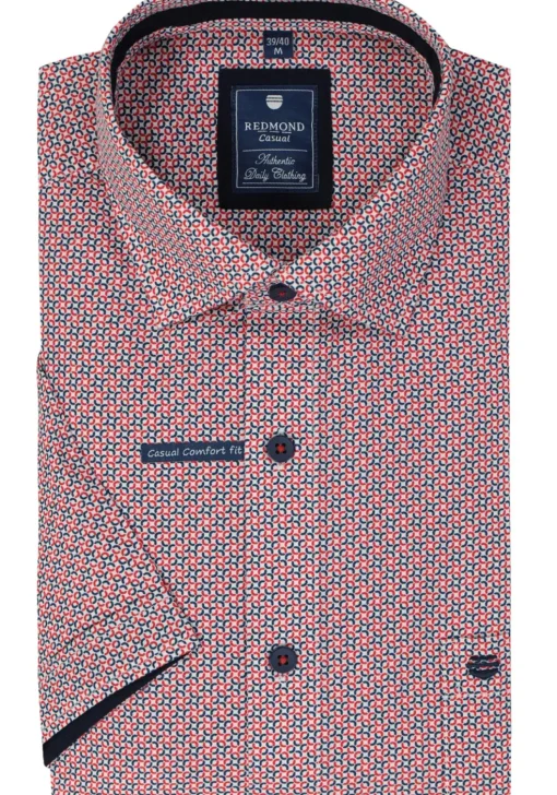 Redmond comfort fit overhemd, korte mouw, popeline, blauw met wit en rood dessin