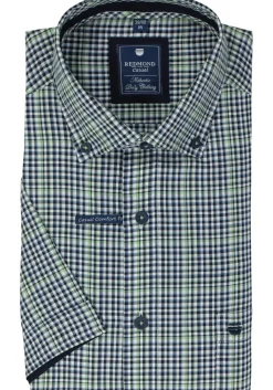 Redmond comfort fit overhemd, korte mouw, Oxford, blauw wit en groen geruit